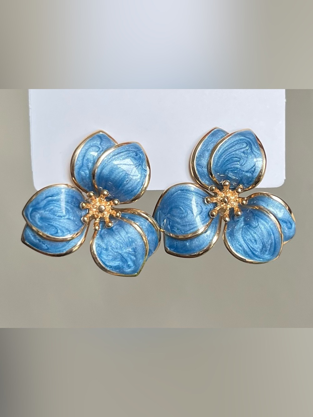 Blue Floral Enamel Stud Earrings with Gold Accents